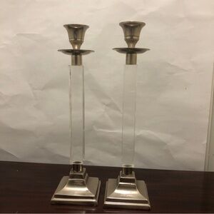 Vintage Pair Clear Lucite Acrylic Candlesticks Candles Holders Silver Plate 12"